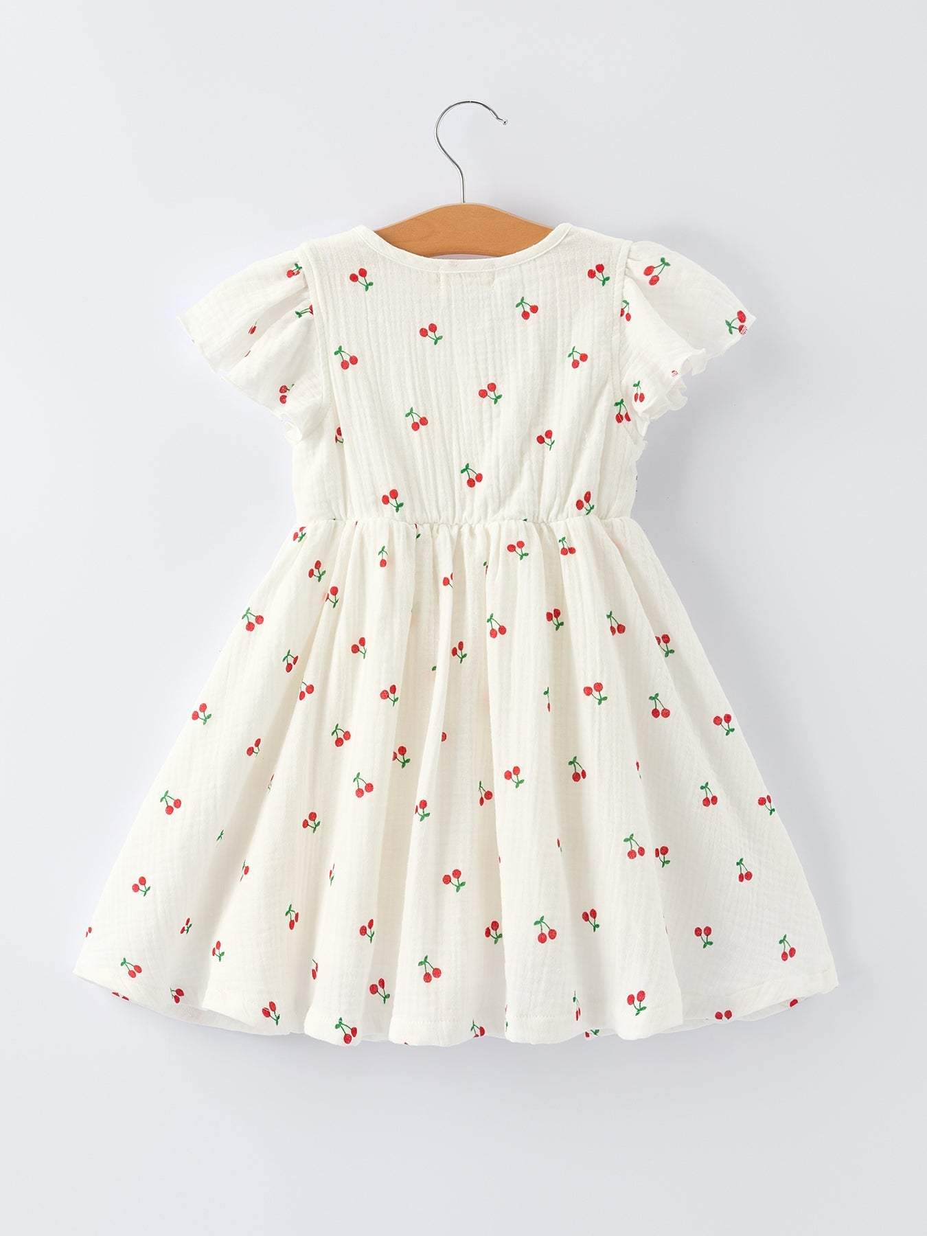 Cherry Print Girls Dress Ruffle Sleeves - detail view