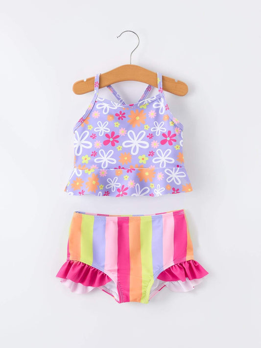 Summer Rainbow Striped Girls Two Piece Swimsuit
