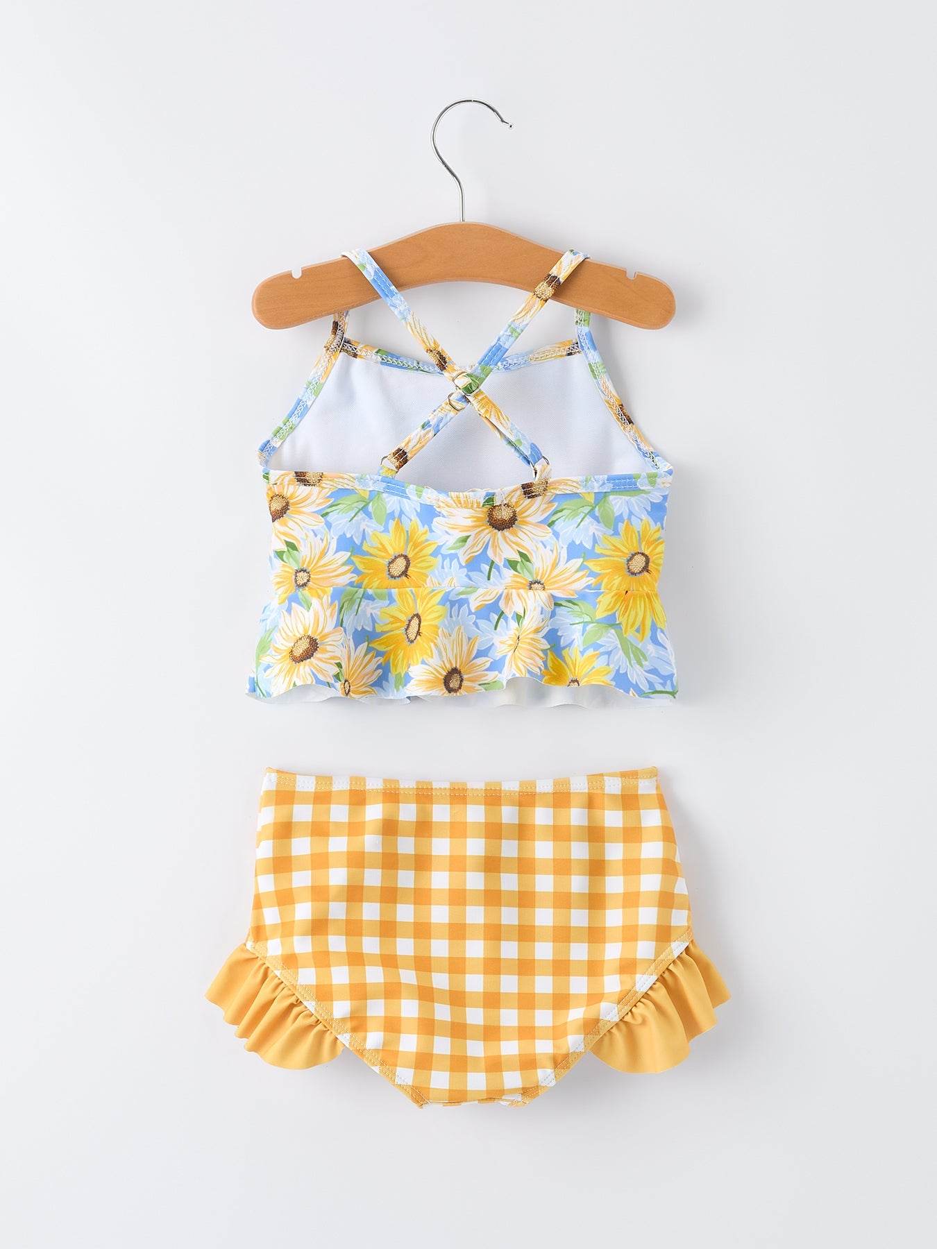 Summer Sunflower Gingham Girls Two-Piece Swimsuit