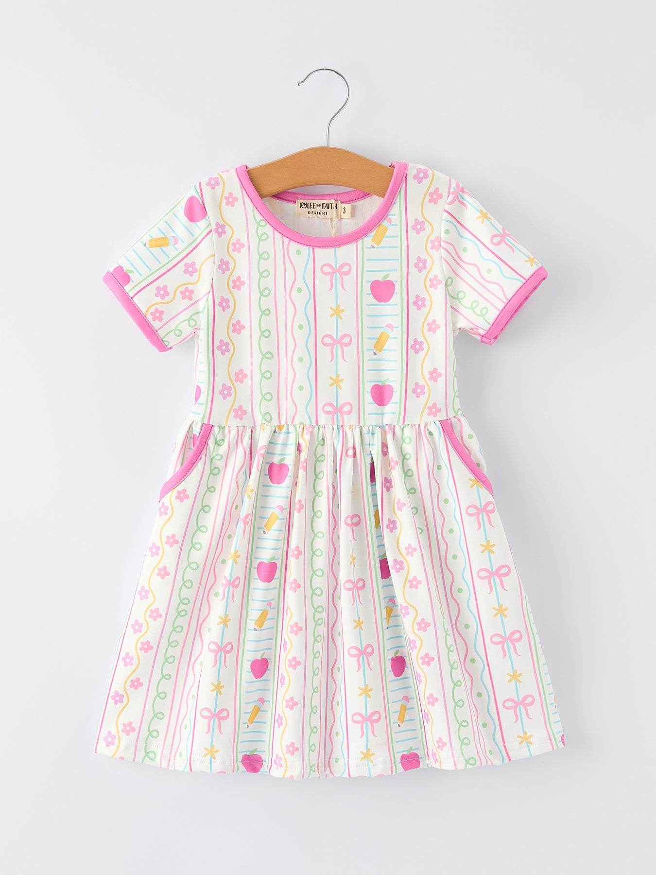Back to School Girl Short Sleeve Dress Pocket Detail - front view