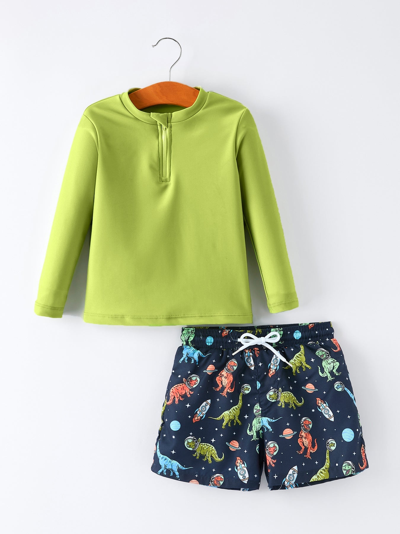 Space dinosaur boys two piece long sleeve swimsuit front view