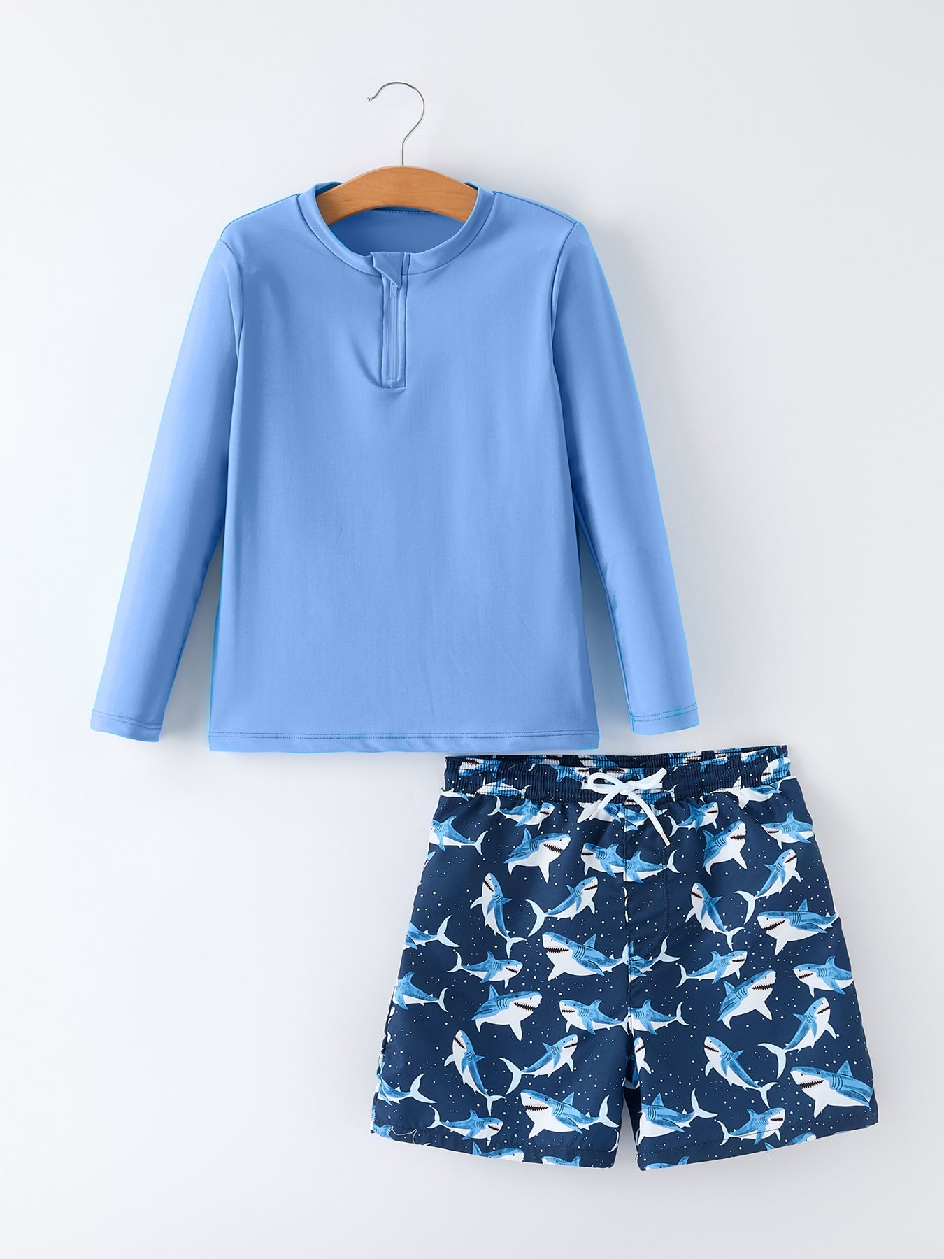 Shark boys two piece long sleeve swimsuit front view