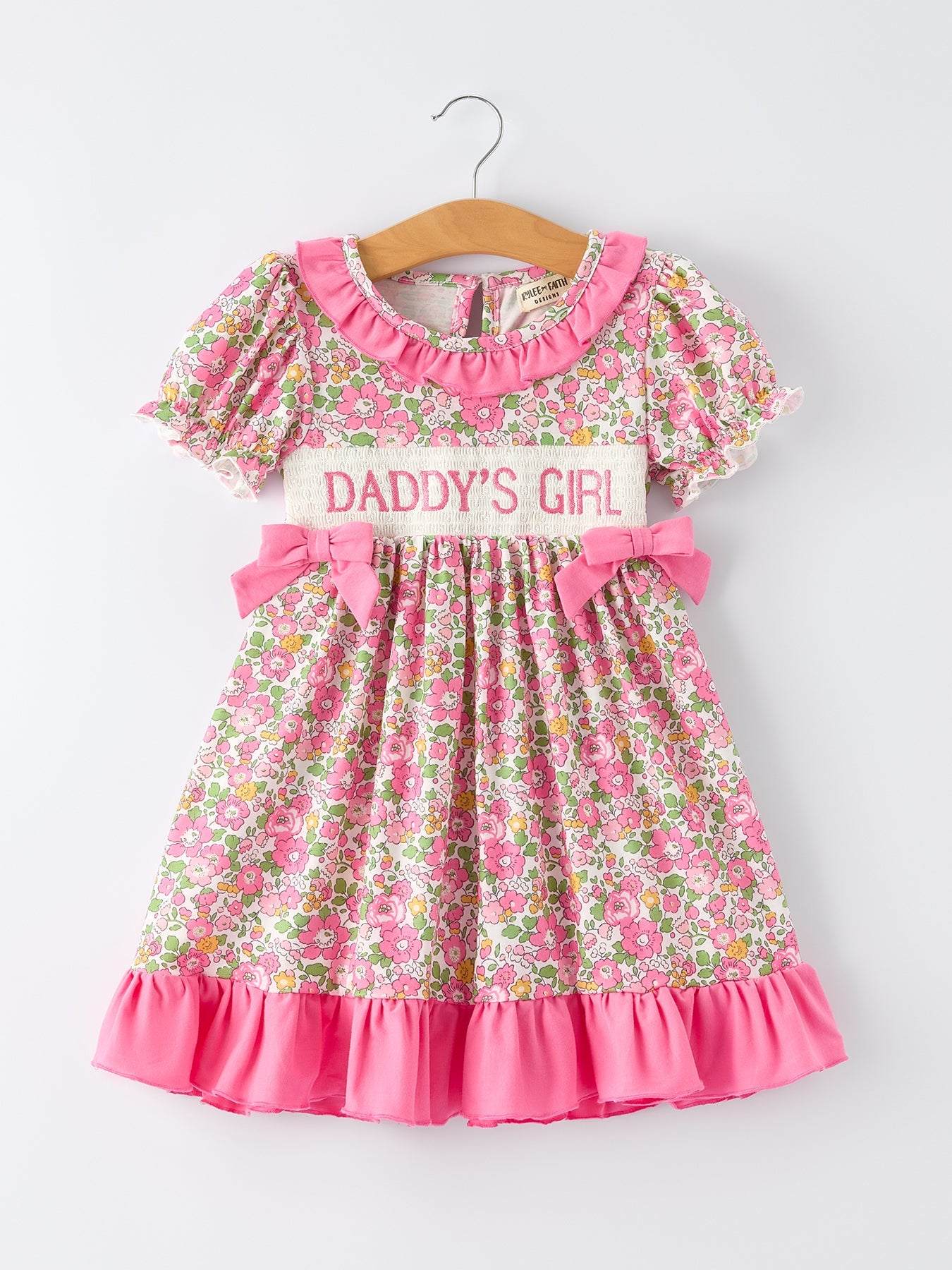 DADDY'S GIRL Bow Embroidered Ruffle Collar Girl Dress - front view