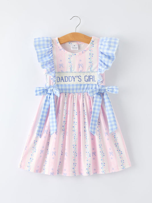 Front view of Daddy's Girl smocked plaid girls dress