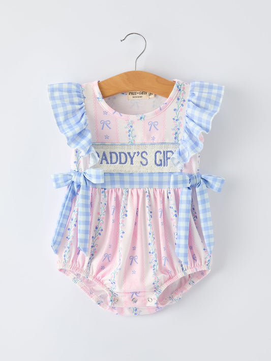 Front view of Daddy's Girl smocked plaid baby girls romper