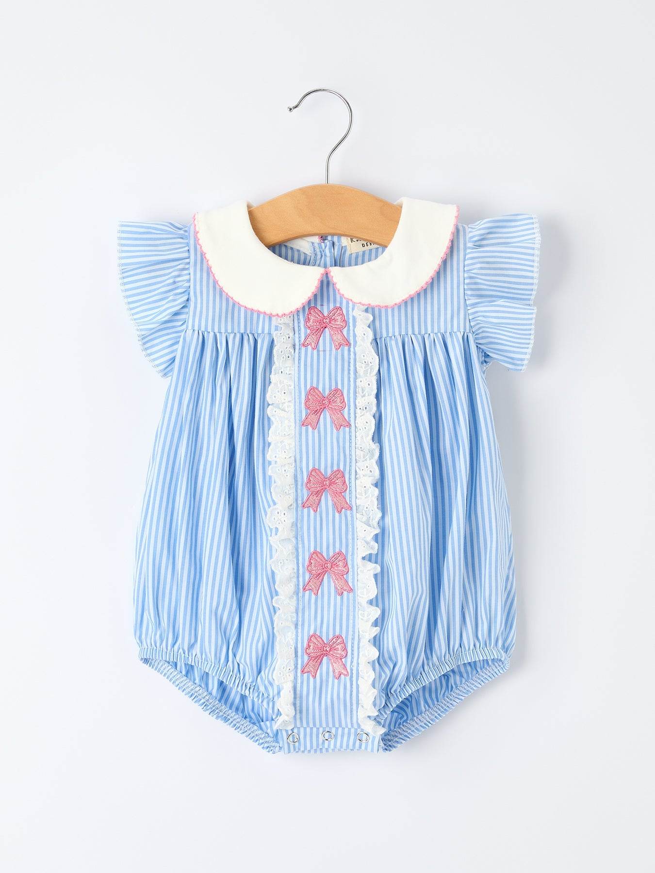 Blue Stripe Girl Romper Petal Peter Pan Collar Bow, front view