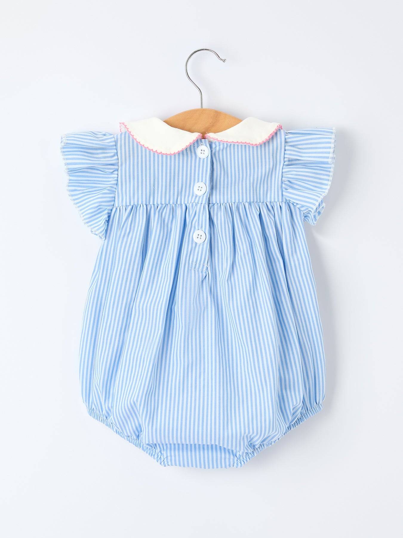 Blue Stripe Girl Romper Petal Peter Pan Collar Bow, detail view