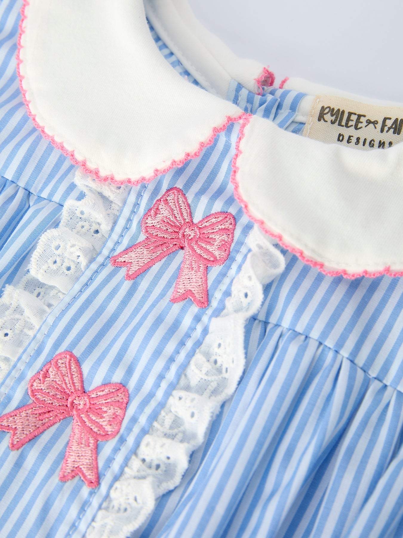 Blue Stripe Girl Romper Petal Peter Pan Collar Bow, back view