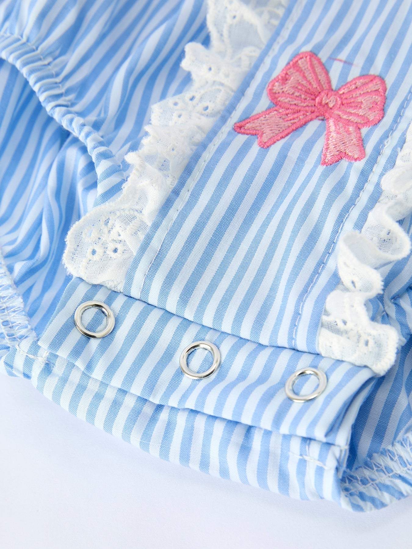 Blue Stripe Girl Romper Petal Peter Pan Collar Bow, side view