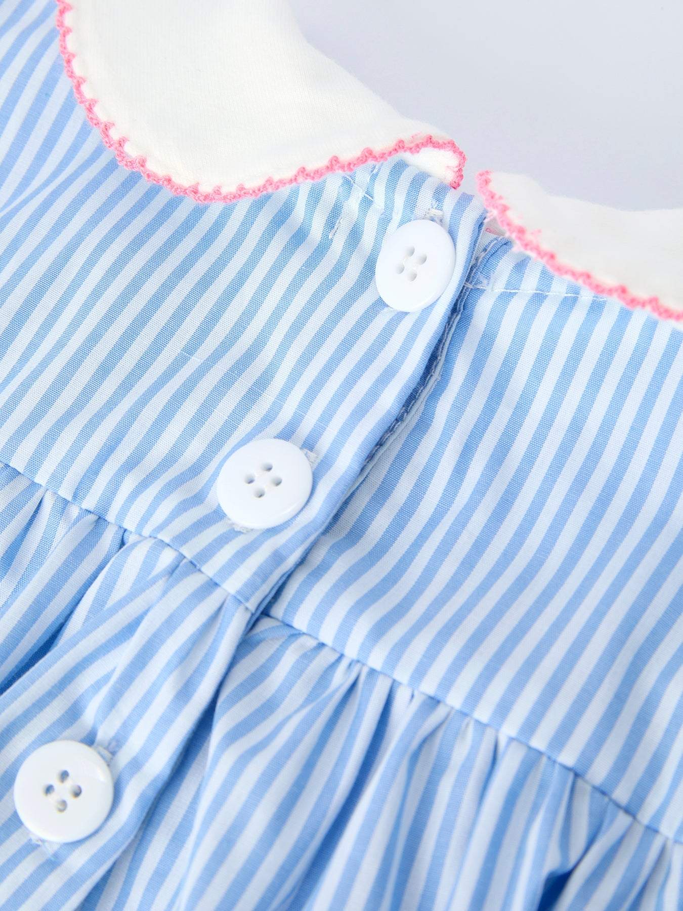 Blue Stripe Girl Romper Petal Peter Pan Collar Bow, fabric and material close-up