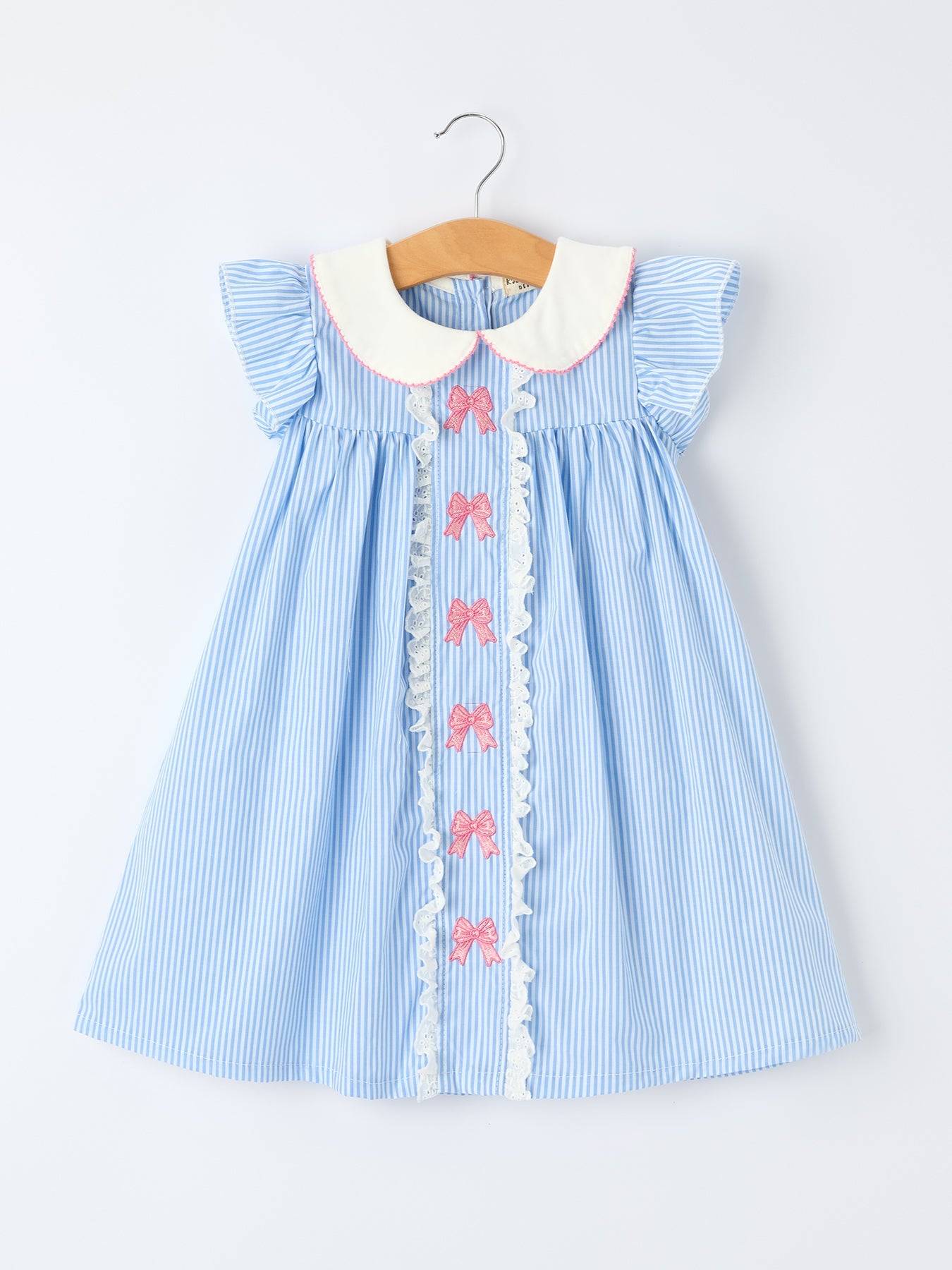 Blue Stripe Girl Dress Petal Peter Pan Collar Bow - front view