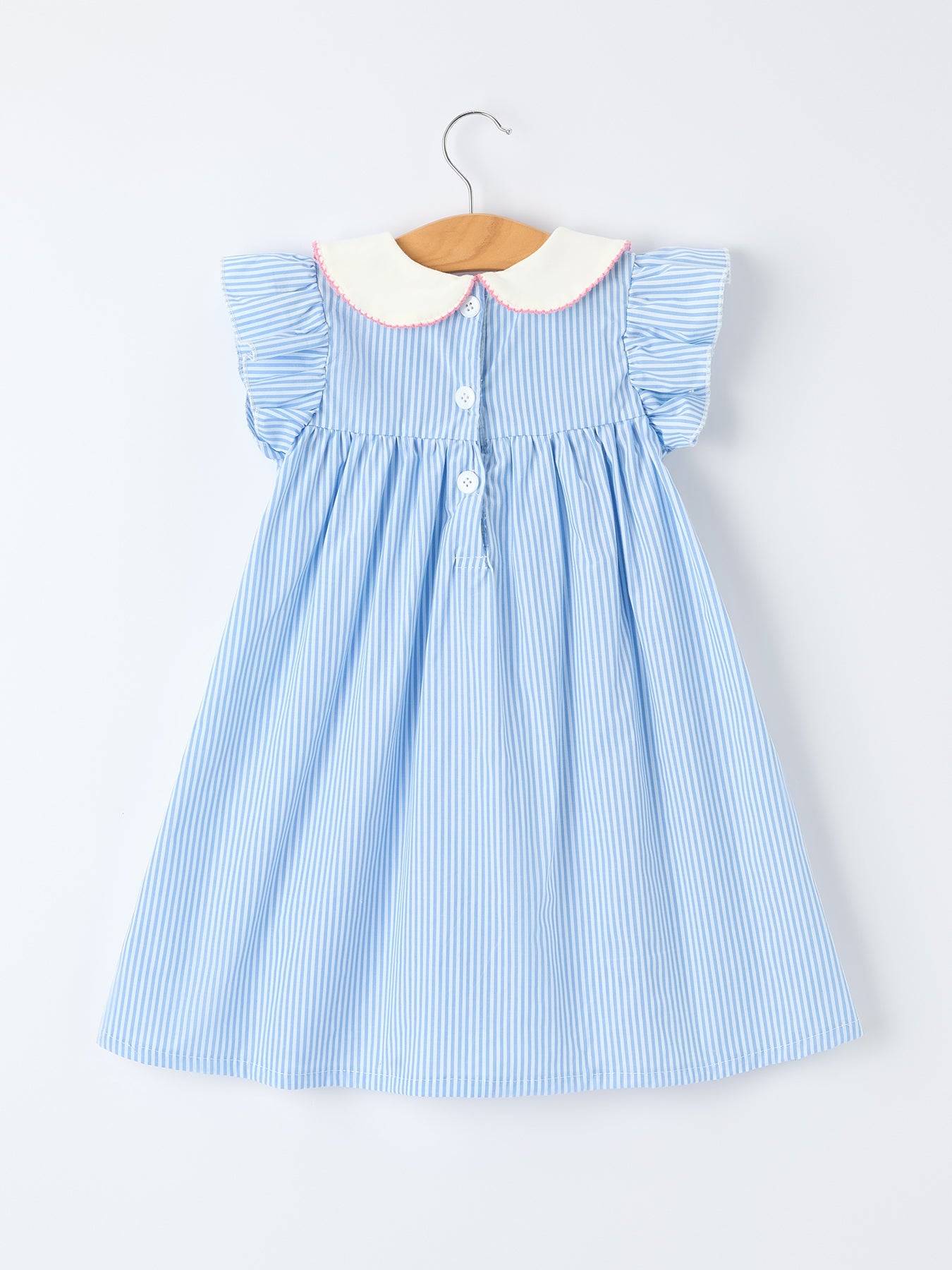 Blue Stripe Girl Dress Petal Peter Pan Collar Bow - detail view