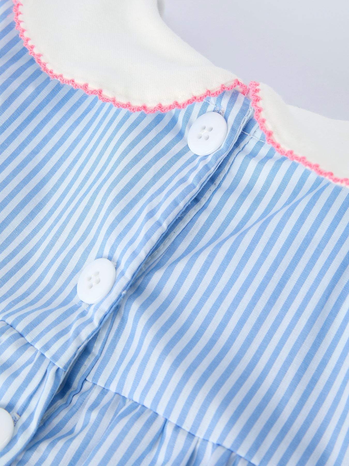 Blue Stripe Girl Dress Petal Peter Pan Collar Bow - fabric and material close-up
