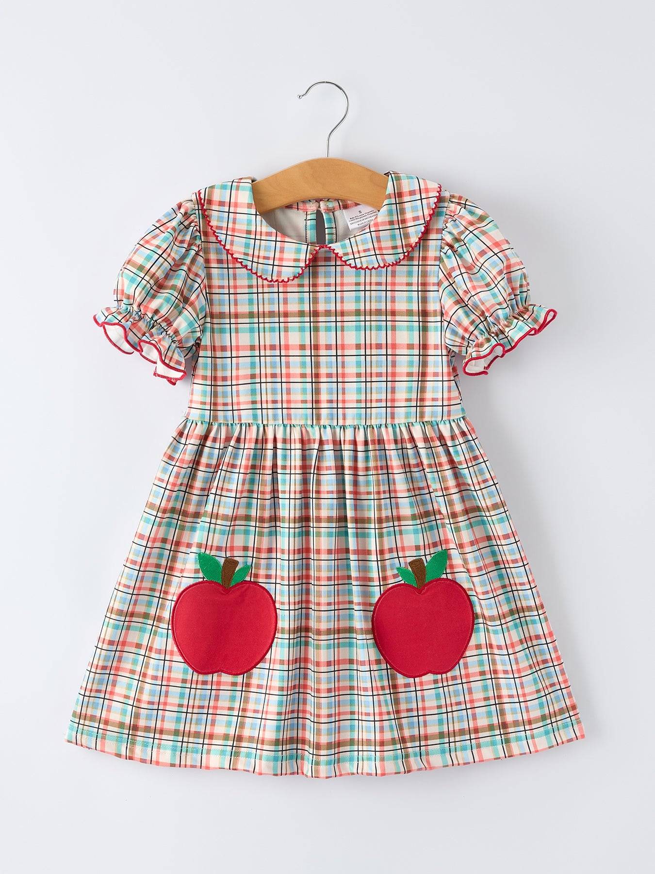 Back to School Plaid Girls Dress Apple Applique Peter Pan Collar - front view