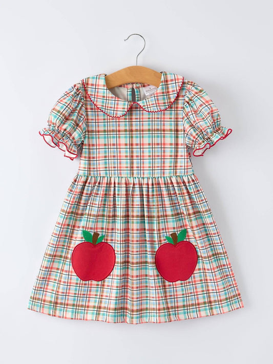 Back to School Plaid Girls Dress Apple Applique Peter Pan Collar