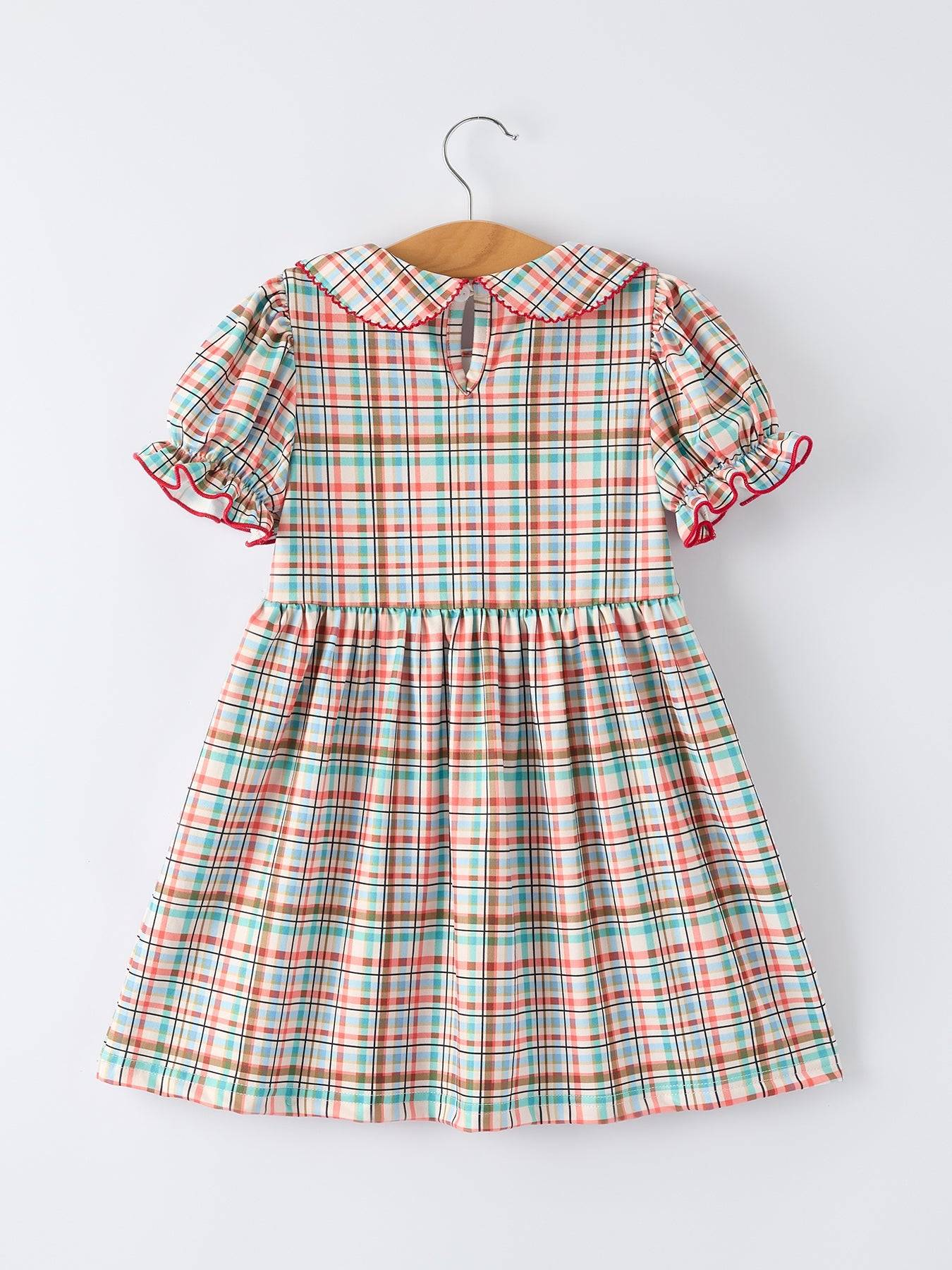 Back to School Plaid Girls Dress Apple Applique Peter Pan Collar - detail view