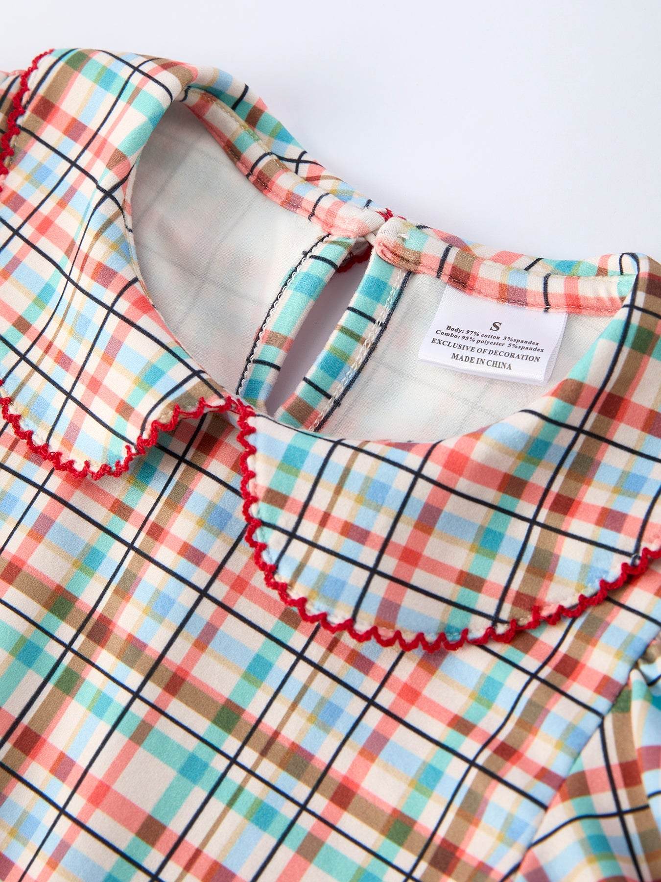 Back to School Plaid Girls Dress Apple Applique Peter Pan Collar - back view