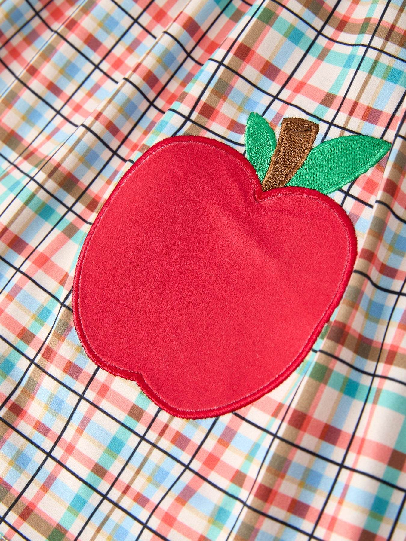 Back to School Plaid Girls Dress Apple Applique Peter Pan Collar - fabric and material close-up