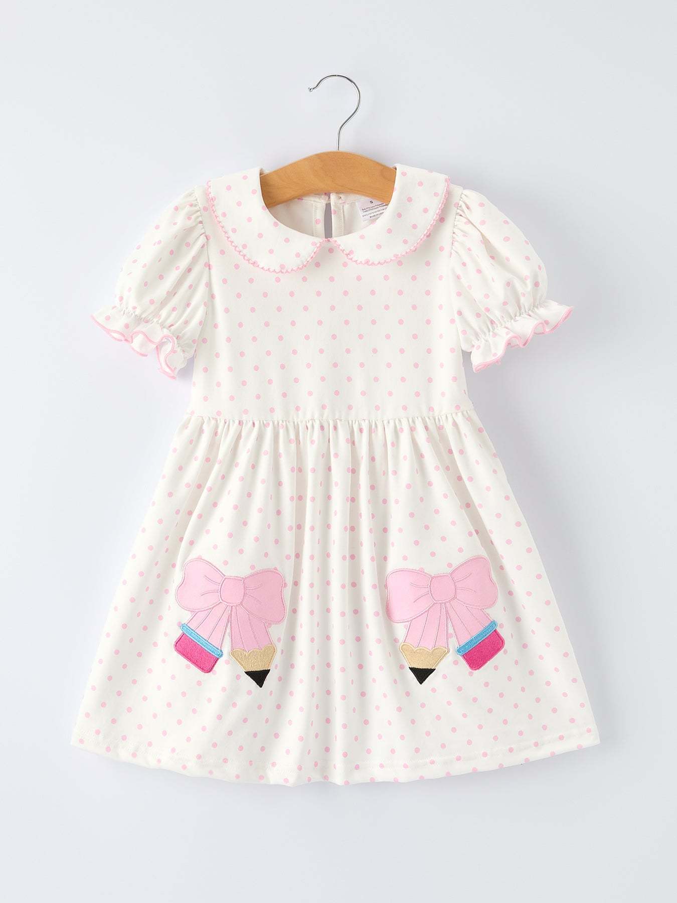 Back to School Polka Dot Girls Dress Pencil Bow Applique - front view