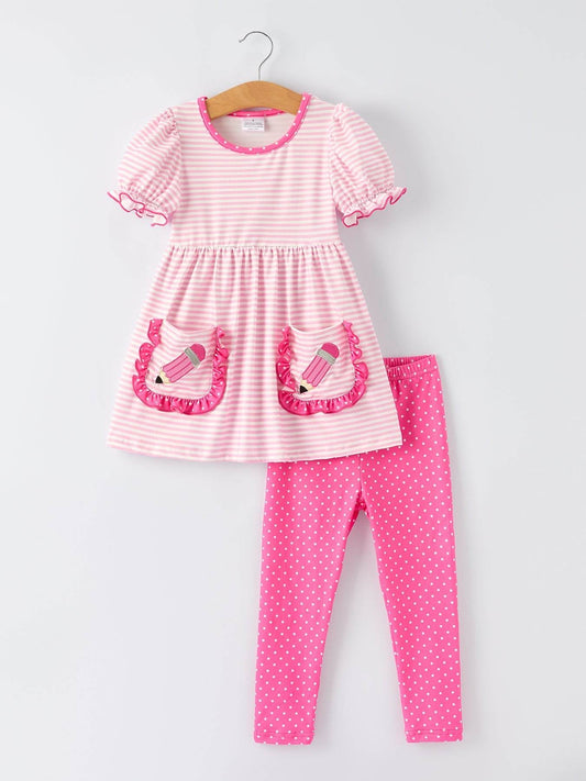 Back To School Girls' Pencil Applique Striped Set