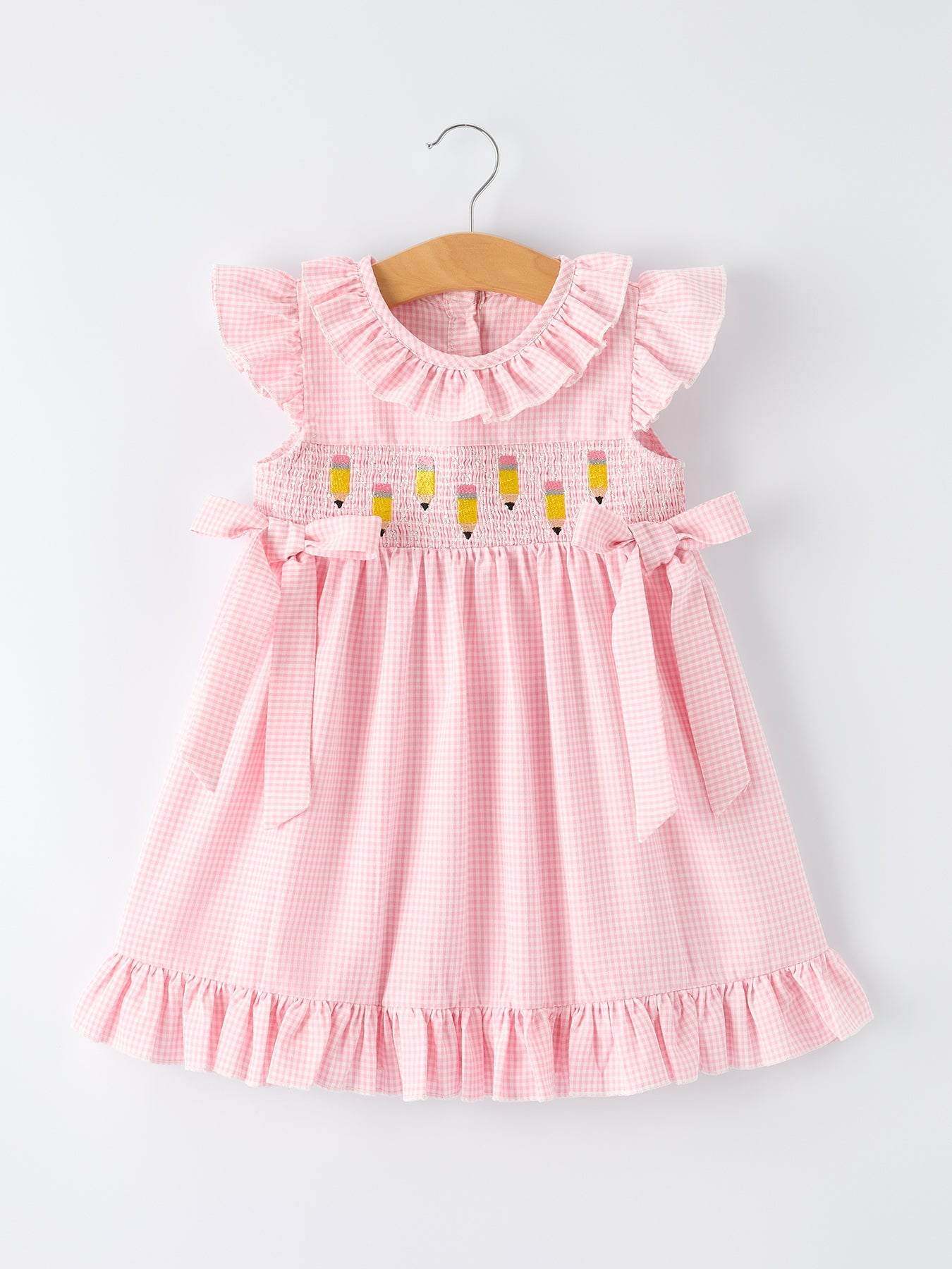 Back to School Pencil Plaid Girls Smocked Ruffle Collar Dress