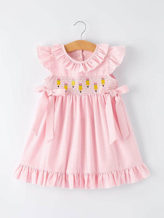 Back to School Pencil Plaid Girls Smocked Ruffle Collar Dress