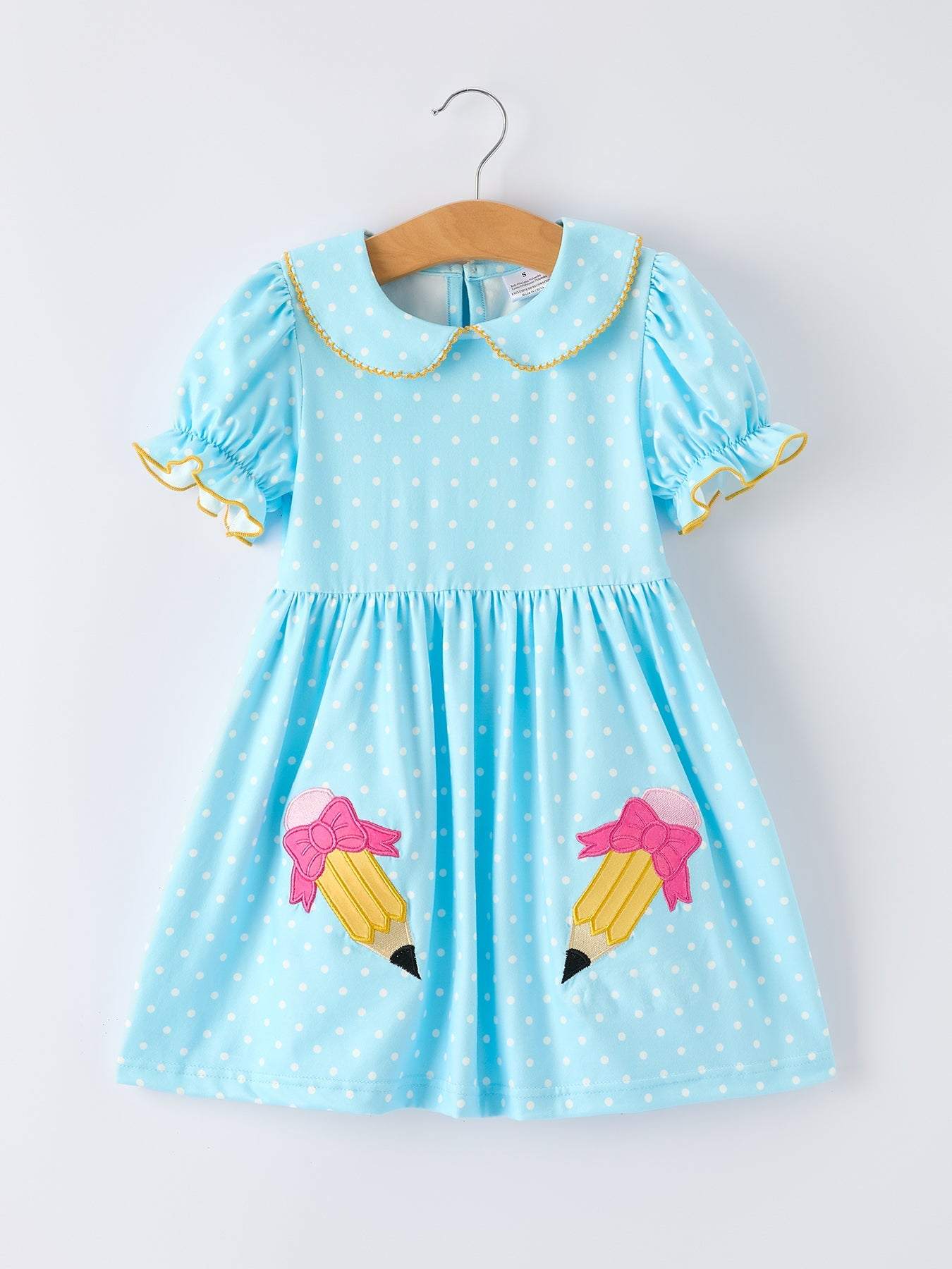 Back to School Polka Dot Girls Dress Pencil Bow Applique - front view
