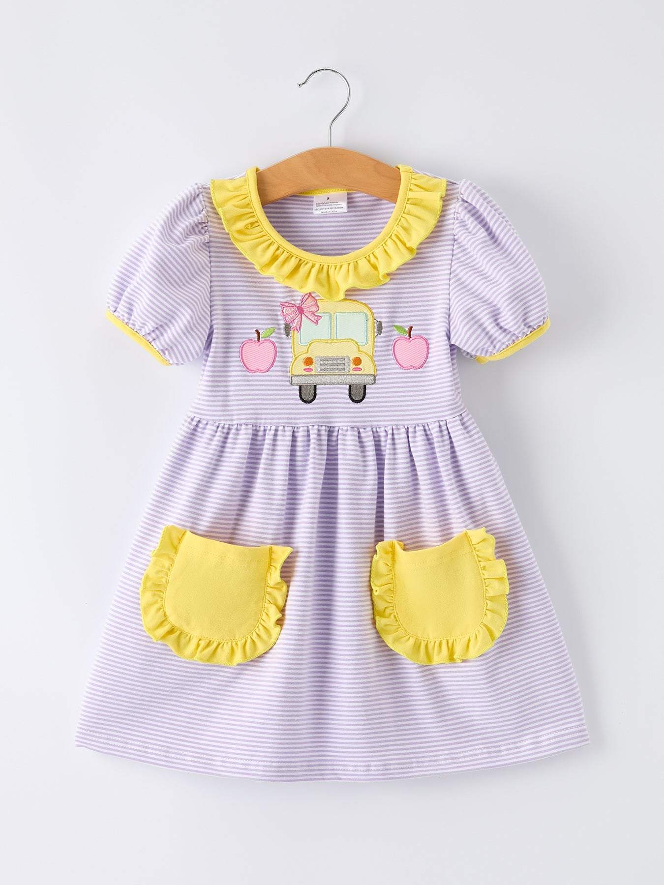 Back to School Bus Applique Ruffle Pocket Girls Dress - front view