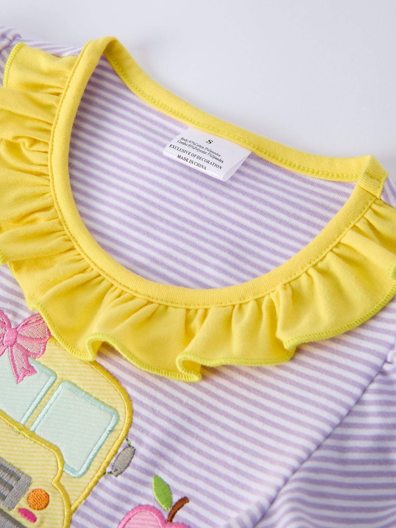 Back to School Bus Applique Ruffle Pocket Girls Dress - back view