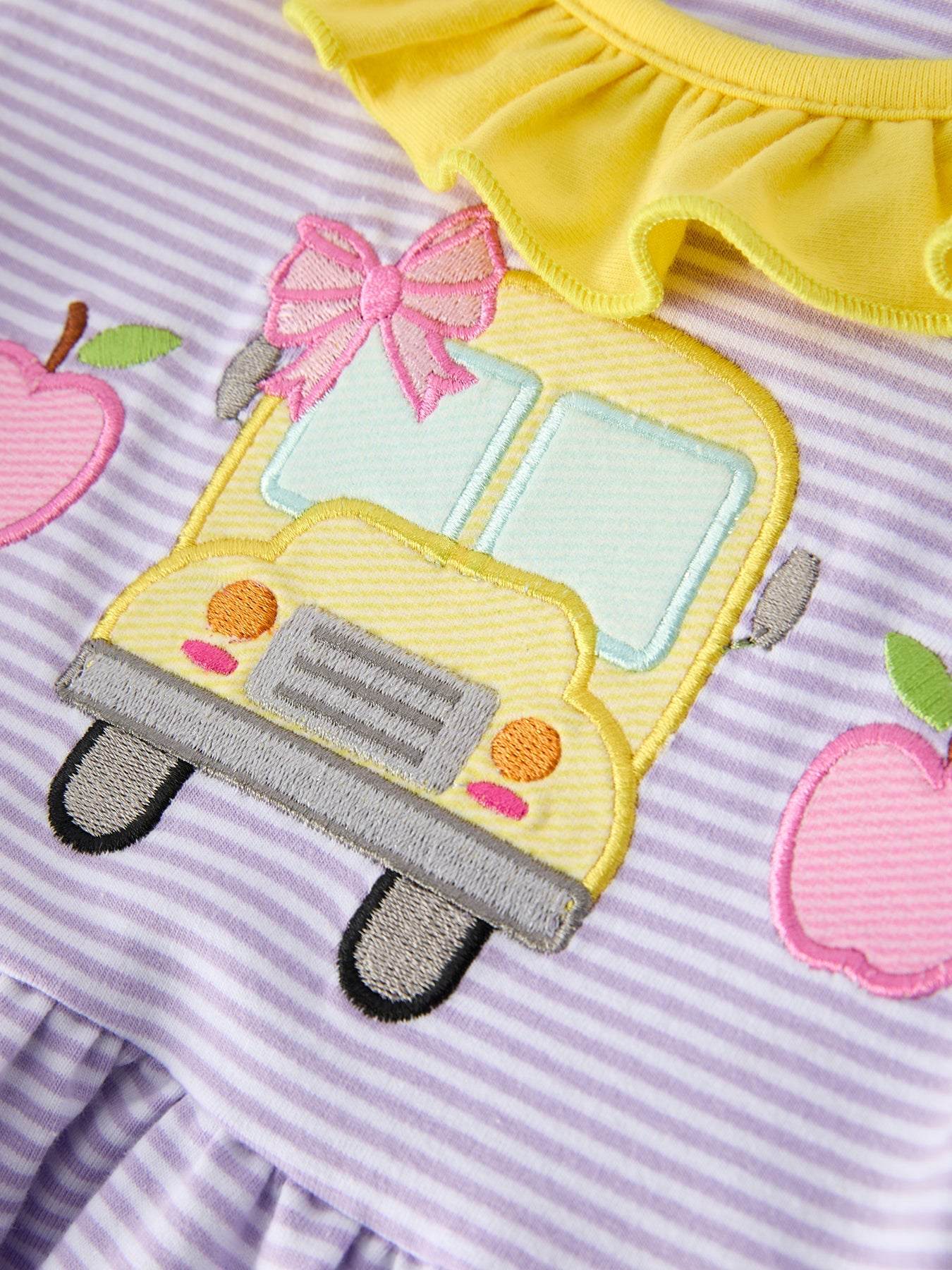 Back to School Bus Applique Ruffle Pocket Girls Dress - side view
