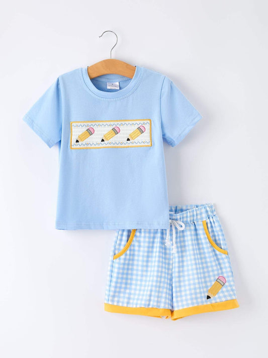 Back to School Pencil Boys Set Applique Plaid Shorts