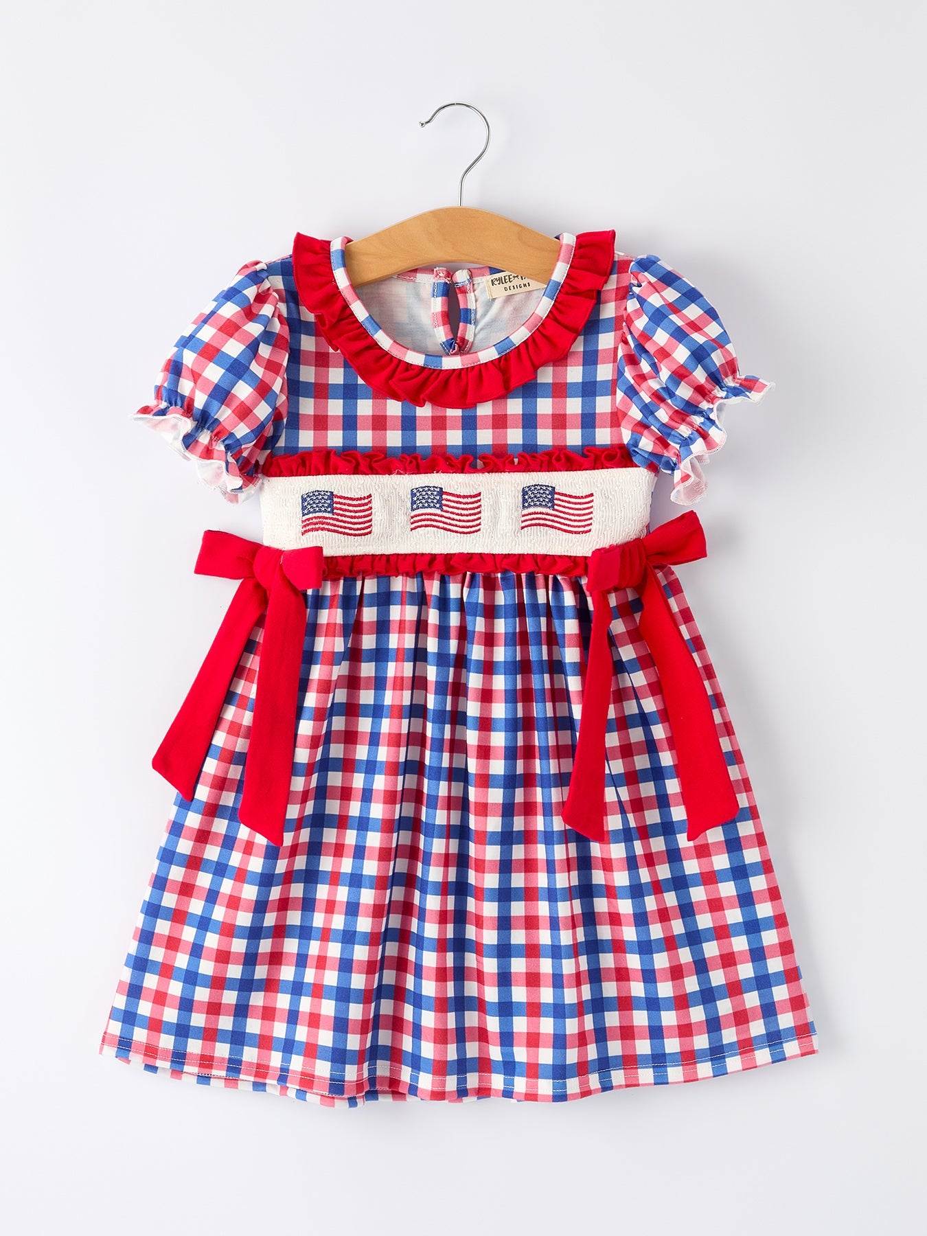 4th of July Plaid Flag Girl Dress With Bow - front view
