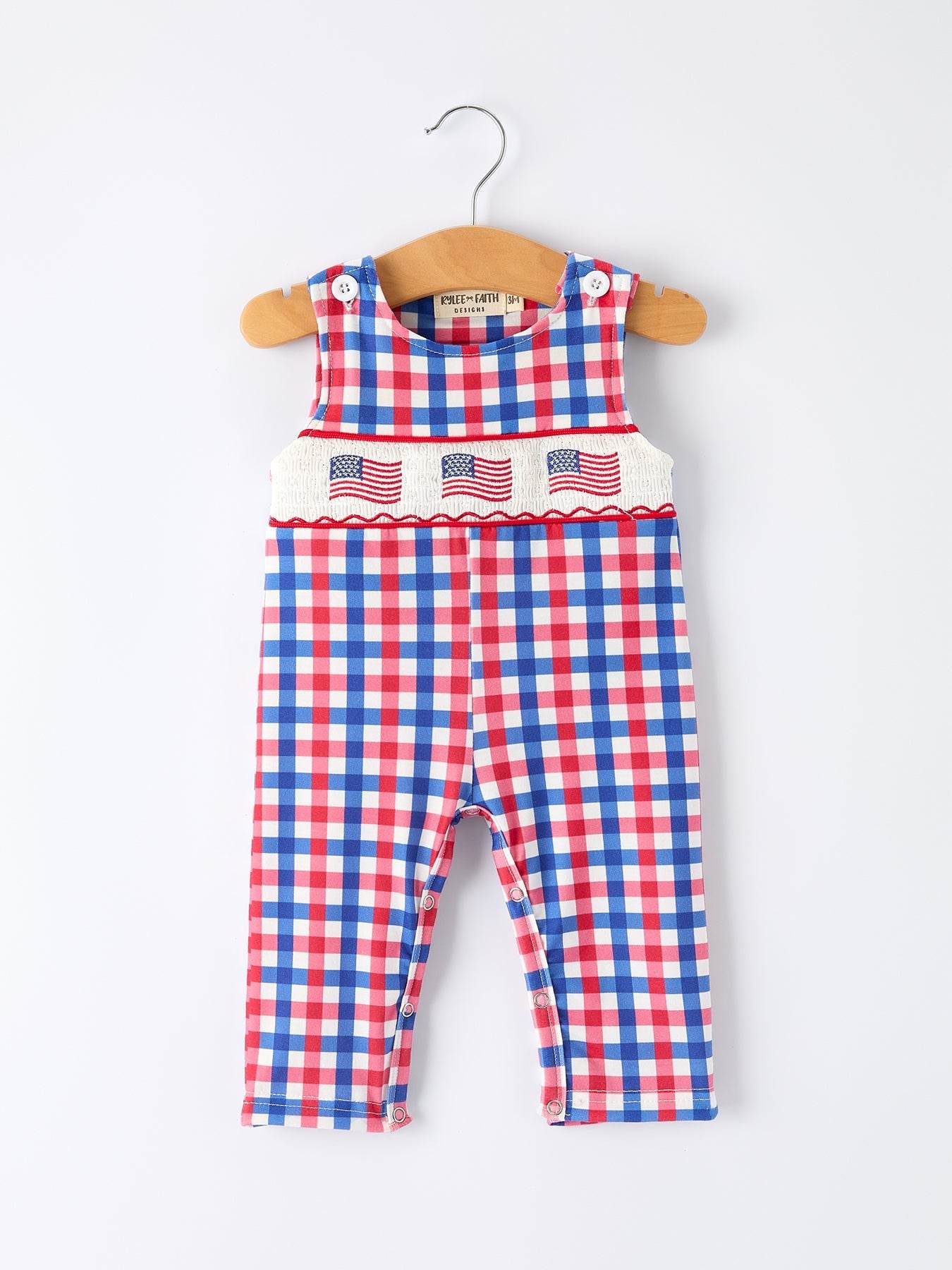 4th of July Plaid Flag Baby Boy Romper - front view
