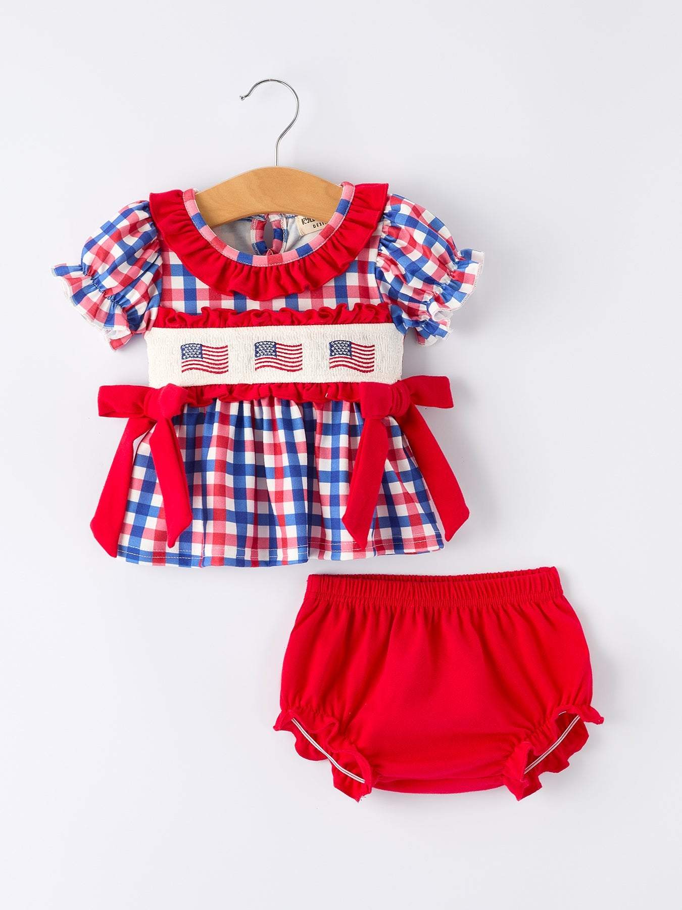 4th of July Plaid Flag Girl Bloomer Set With Bow Outfit - front view