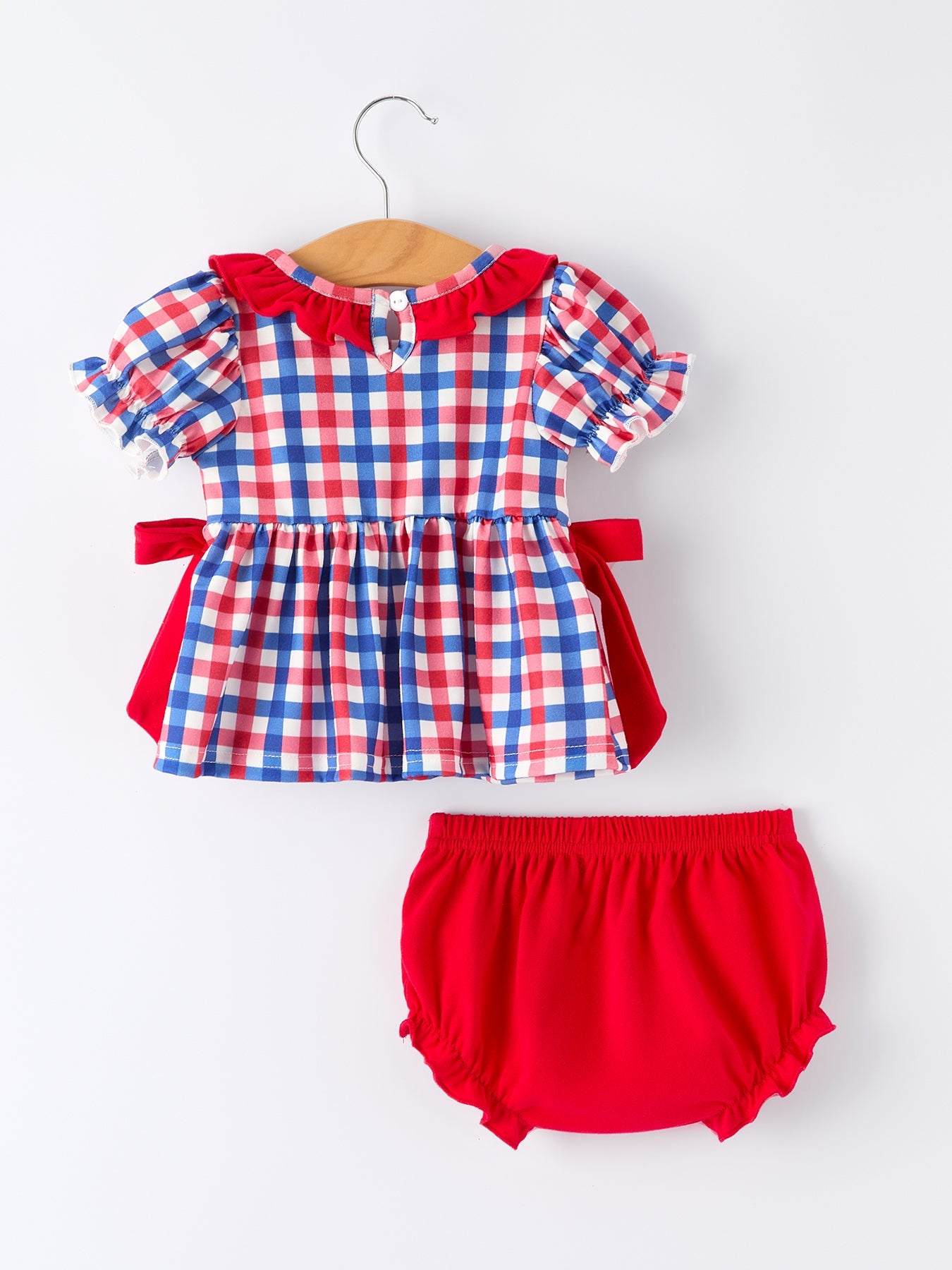 4th of July Plaid Flag Girl Bloomer Set With Bow Outfit - detail view