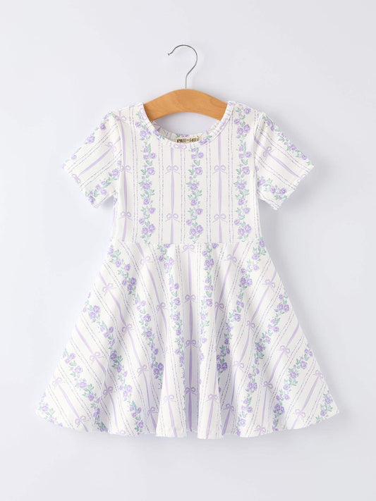 Floral Bow Stripe Print Girl Dress