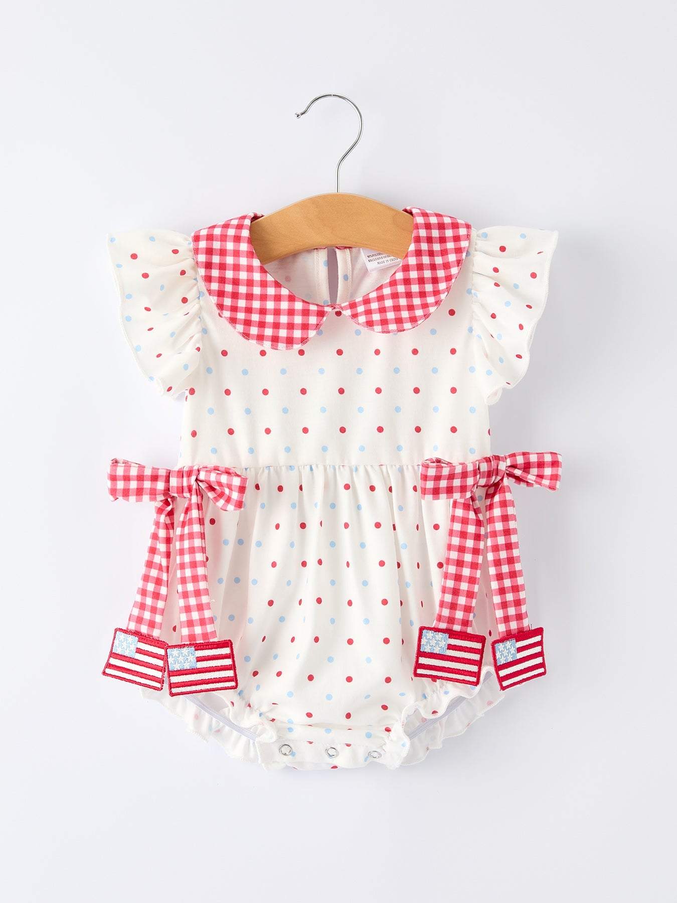 4th of July Dot Girls Romper Bow Ruffle Peter Pan Collar - front view