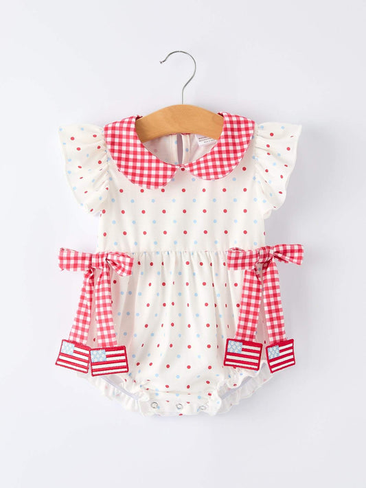 4th of July Dot Girls Romper Bow Ruffle Peter Pan Collar