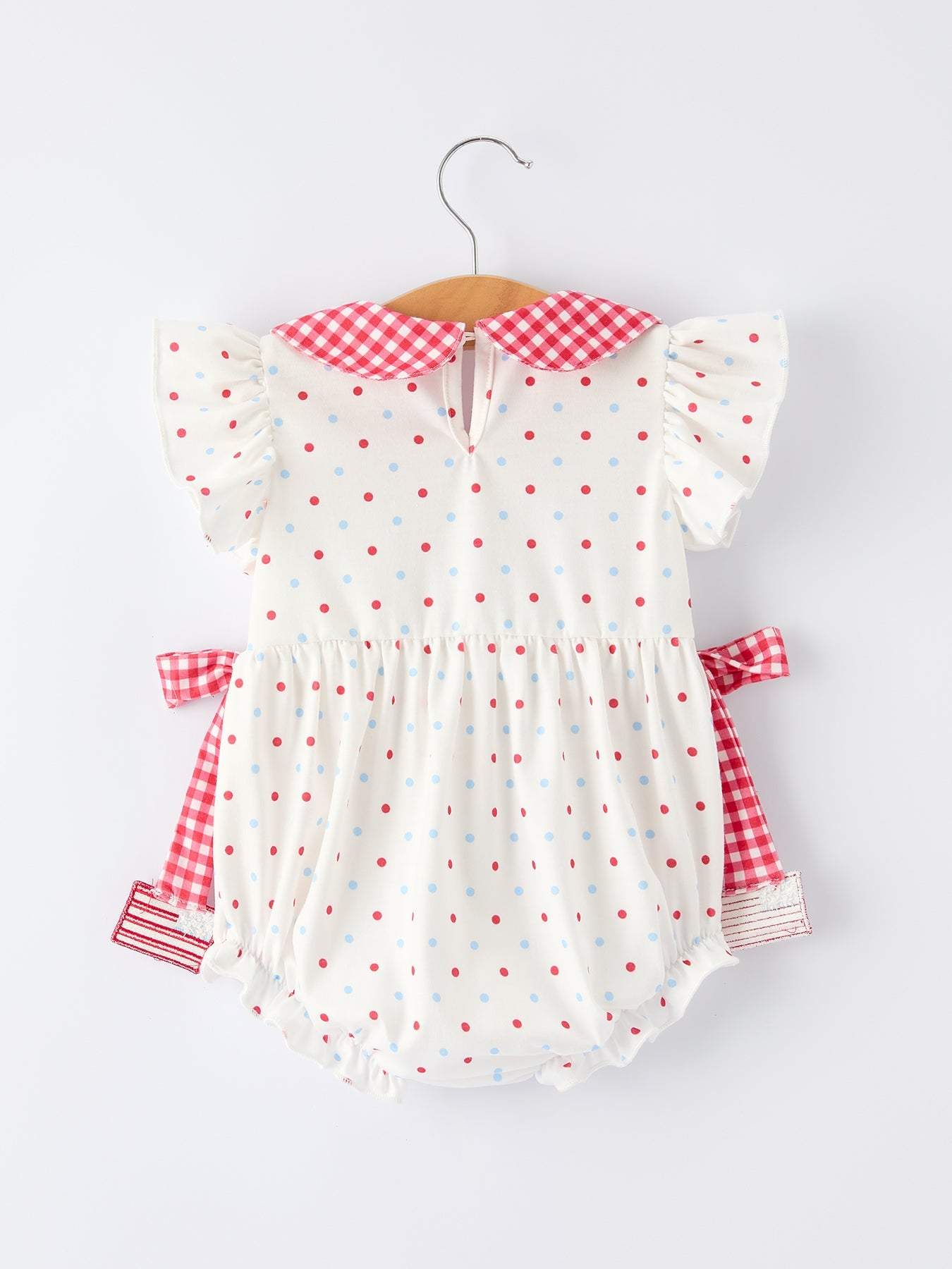 4th of July Dot Girls Romper Bow Ruffle Peter Pan Collar - detail view