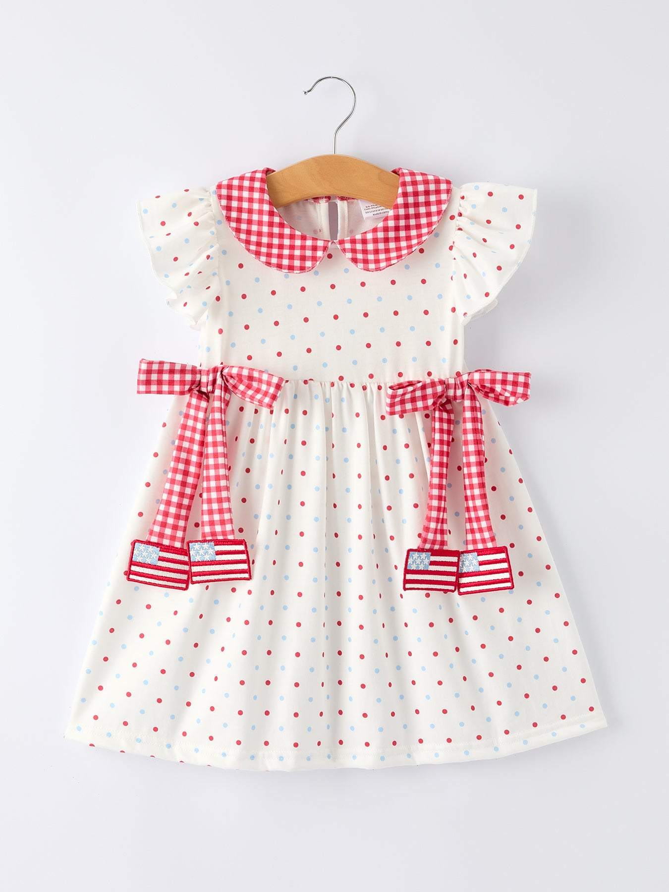 4th of July Dot Girls Dress Bow Ruffle Peter Pan Collar - front view