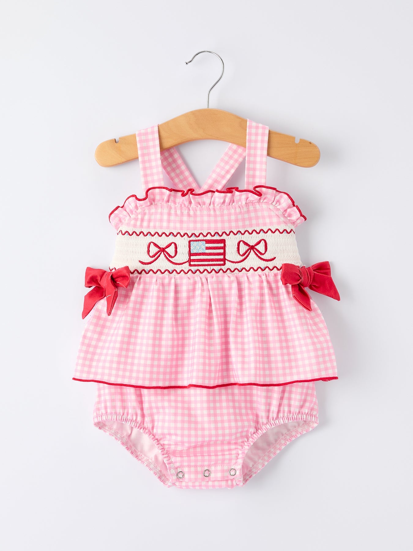 4th of July Plaid Girls Smocked Romper Bow Ruffle