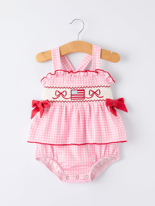 4th of July Plaid Girls Smocked Romper Bow Ruffle