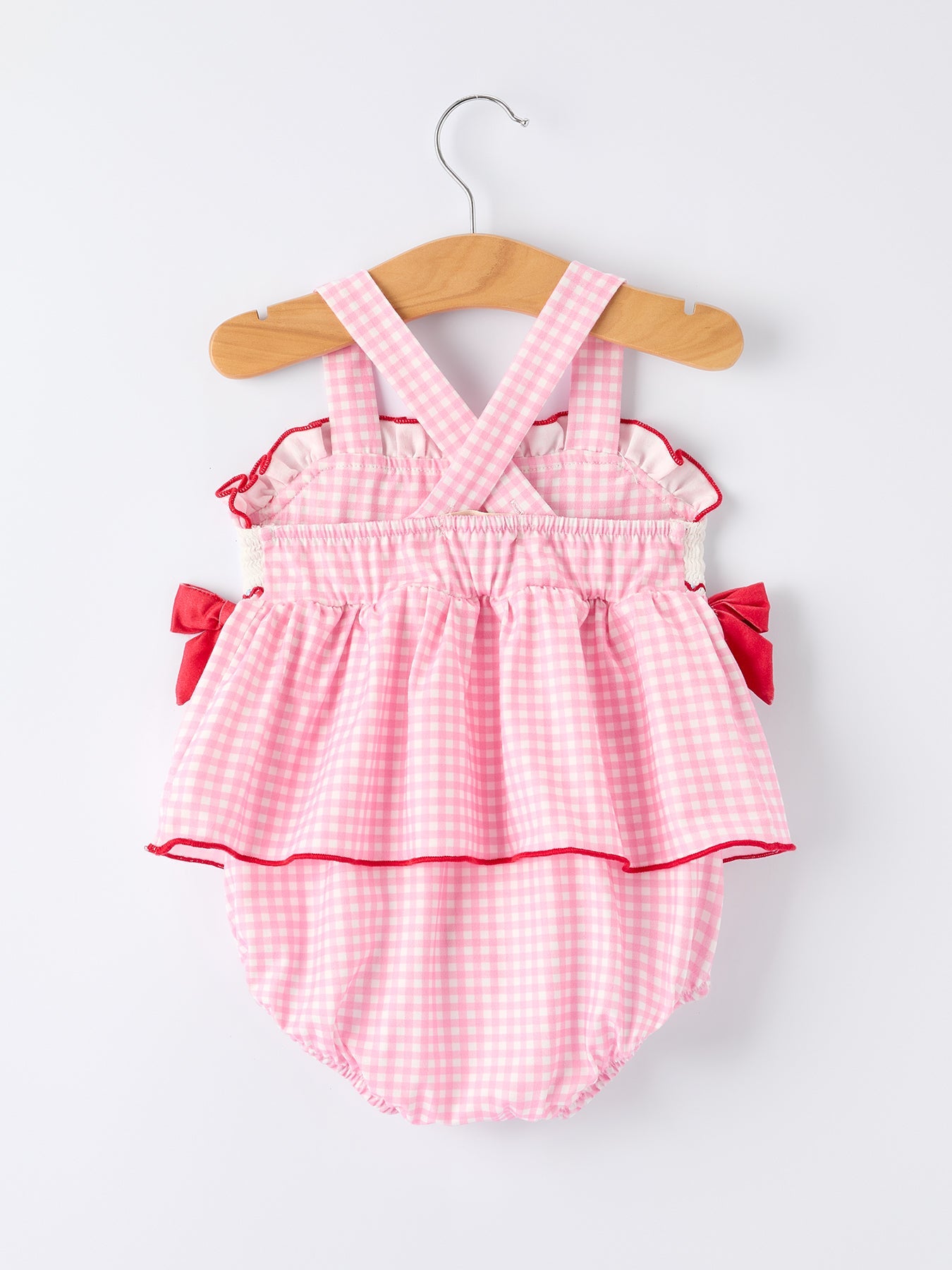 4th of July Plaid Girls Smocked Romper Bow Ruffle