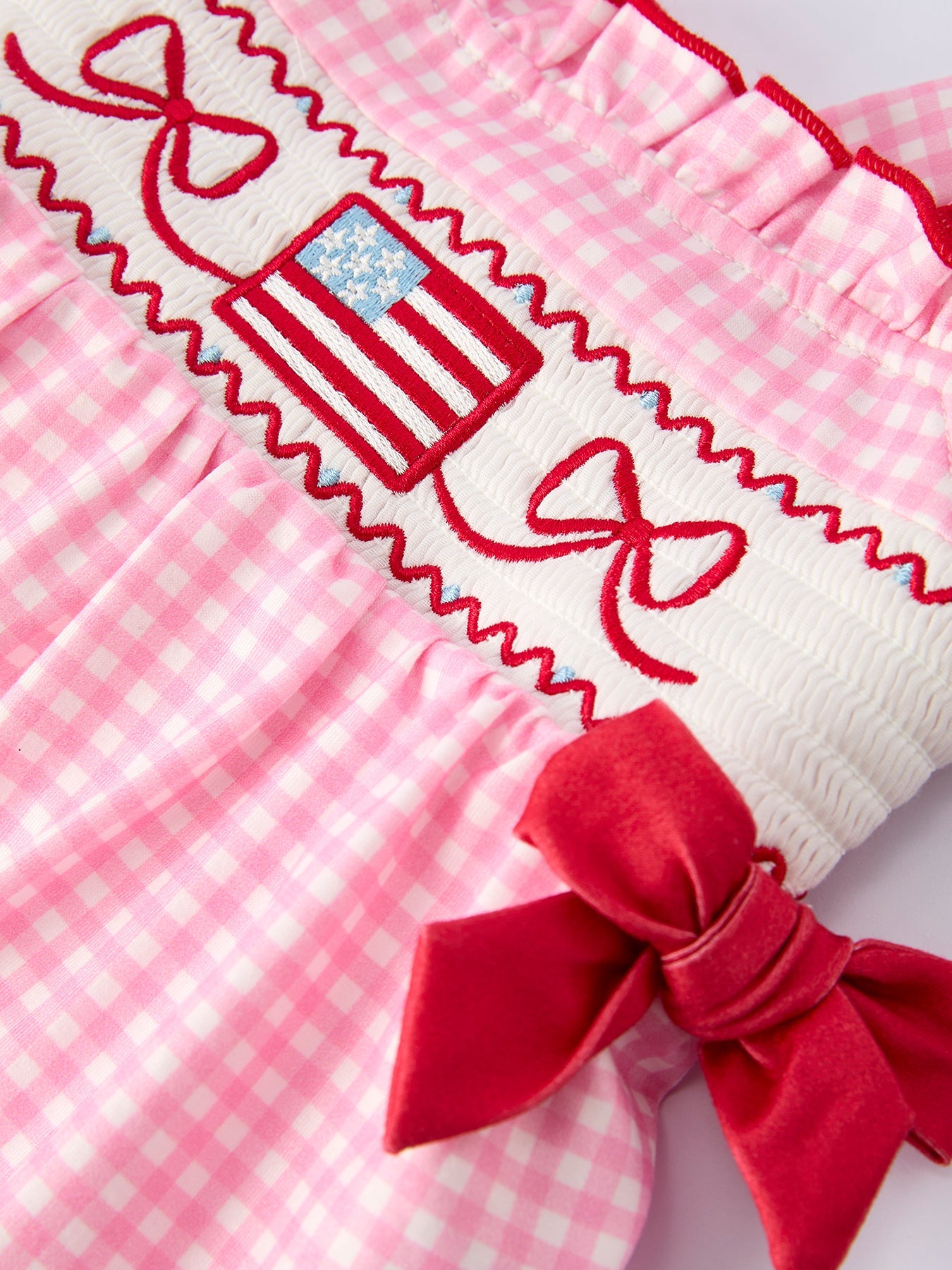 4th of July Plaid Girls Smocked Romper Bow Ruffle