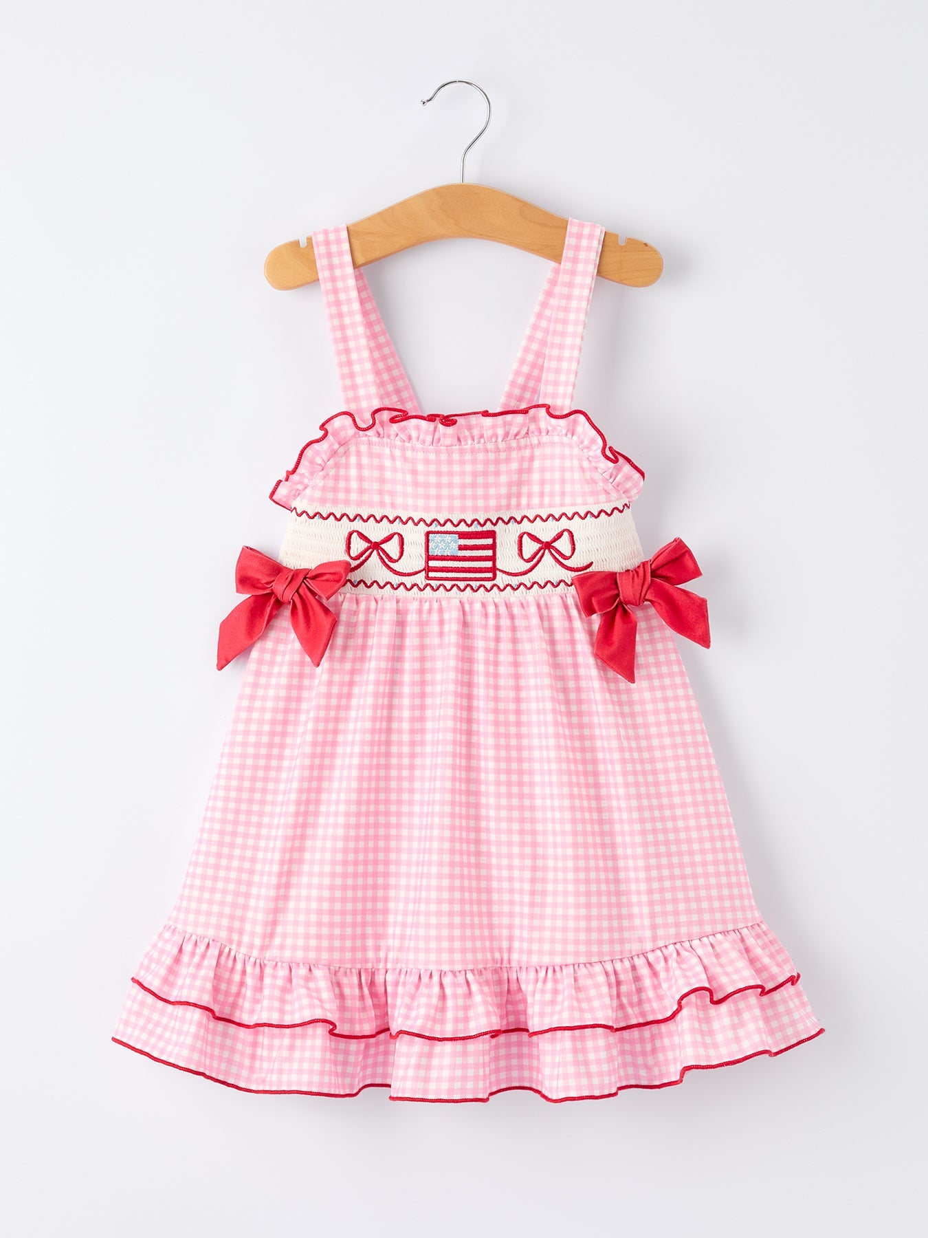 4th of July Plaid Girls Dress Bow Ruffle - front view