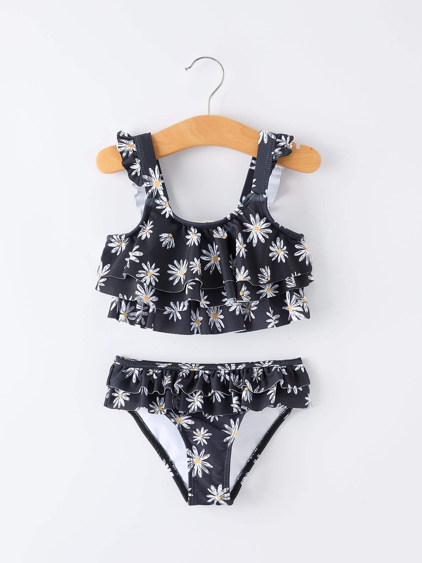 Summer Black Floral Girl Two Piece Swimsuit and Cover-up Set, back view