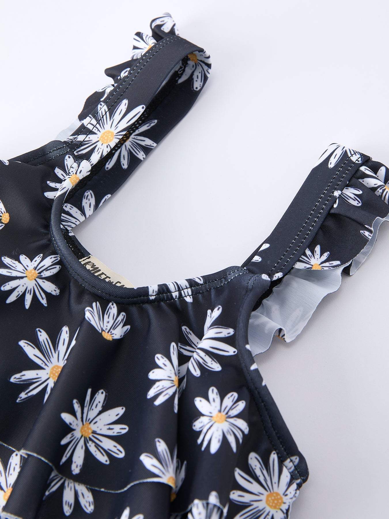 Summer Black Floral Girl Two Piece Swimsuit and Cover-up Set, fabric and material close-up