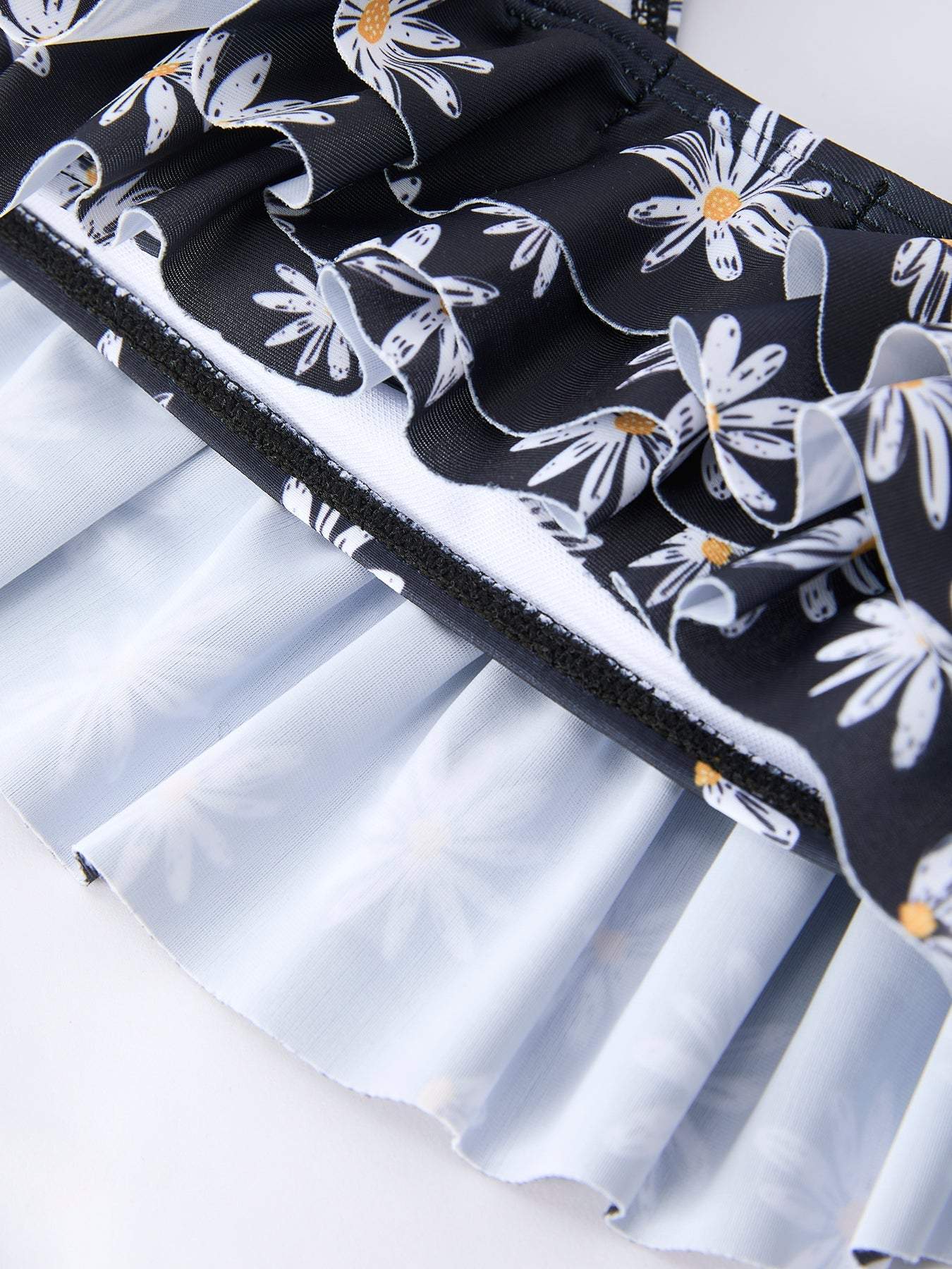 Summer Black Floral Girl Two Piece Swimsuit and Cover-up Set, styling detail