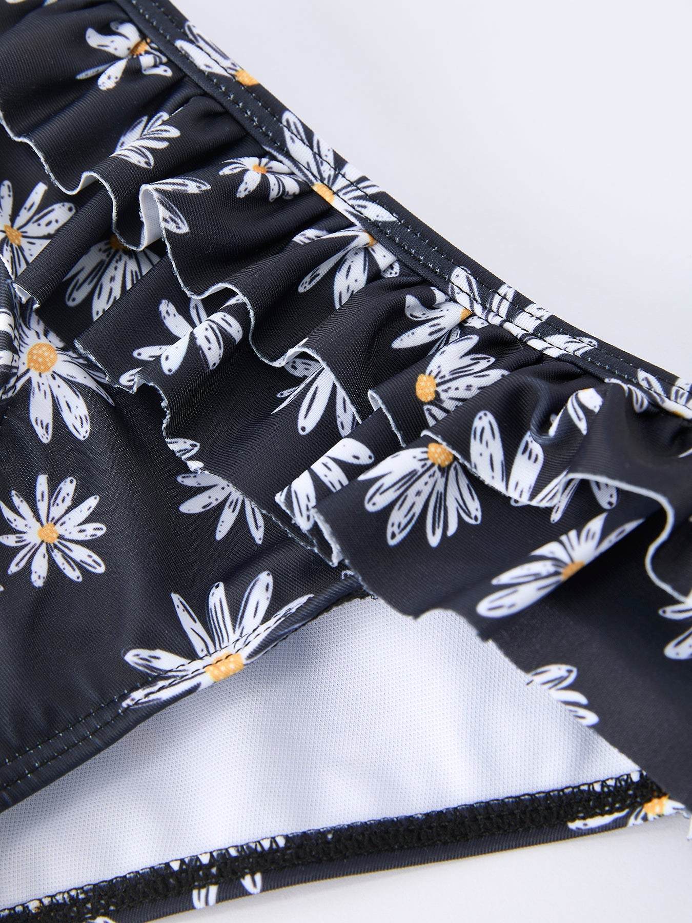 Summer Black Floral Girl Two Piece Swimsuit and Cover-up Set, full length view