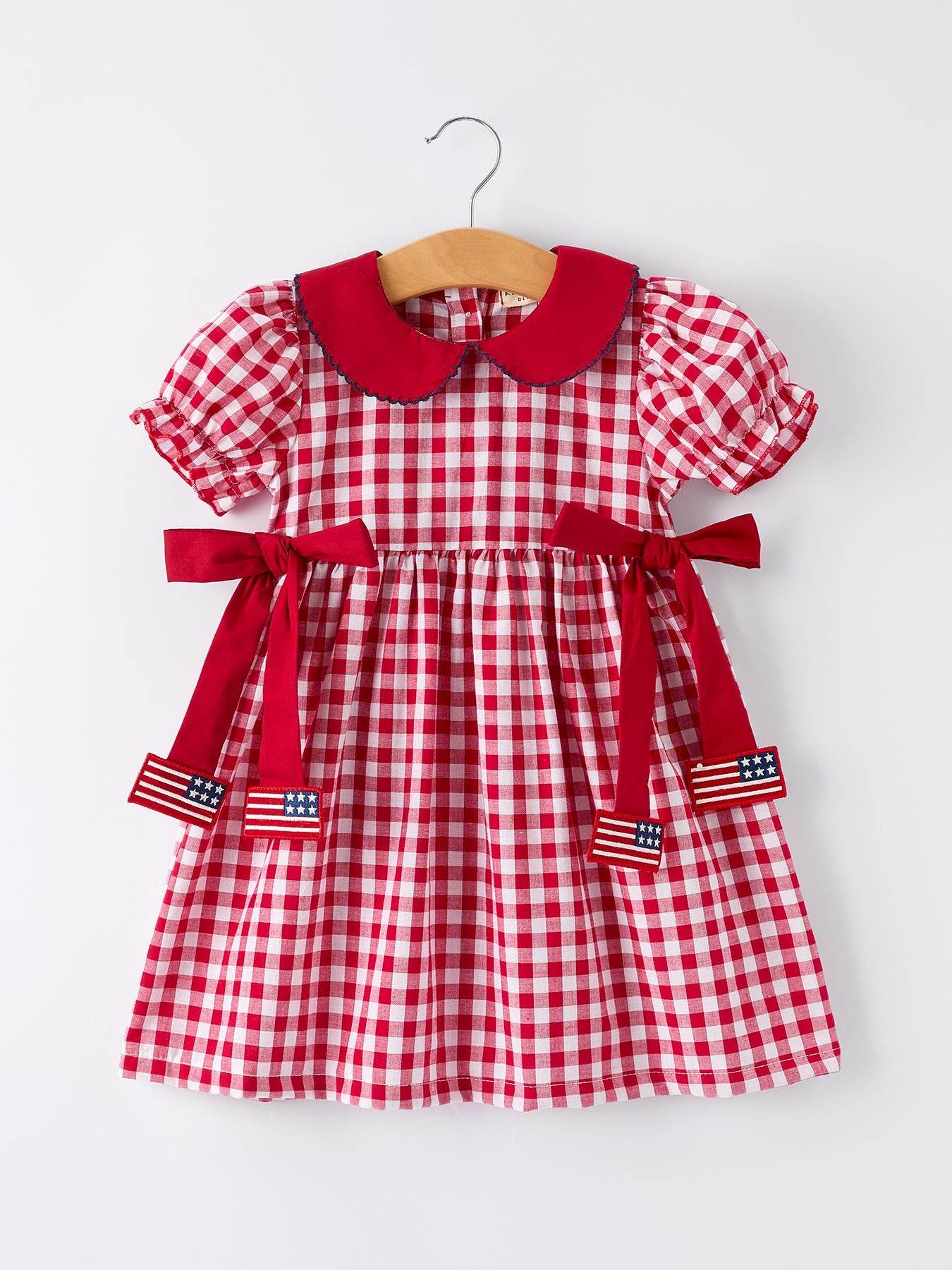 4th of July Flag Plaid Girl Peter Pan Collar Dress Bow - front view